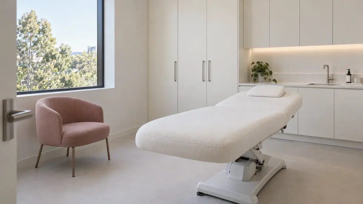 Treatment room with a cream treatment bed, rose chair and white cabinetry