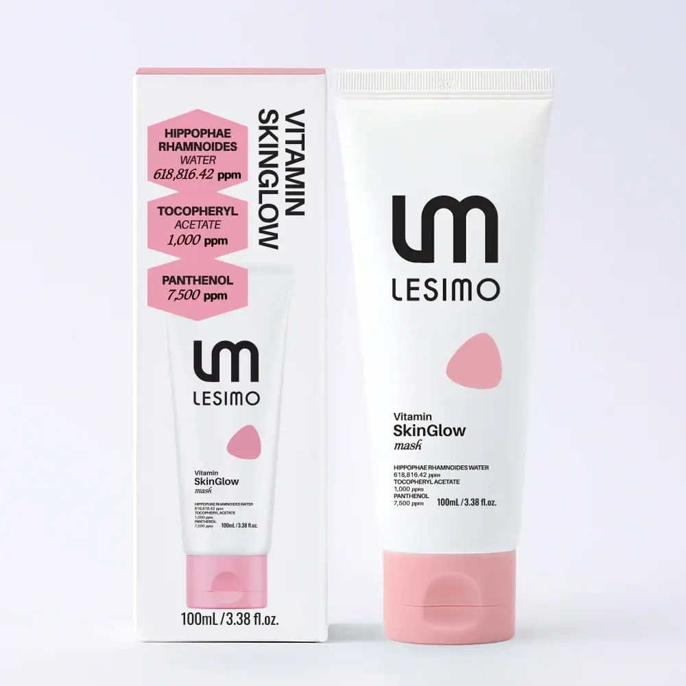 Lesimo Vitamin SkinGlow Mask tube beside its pink carton
